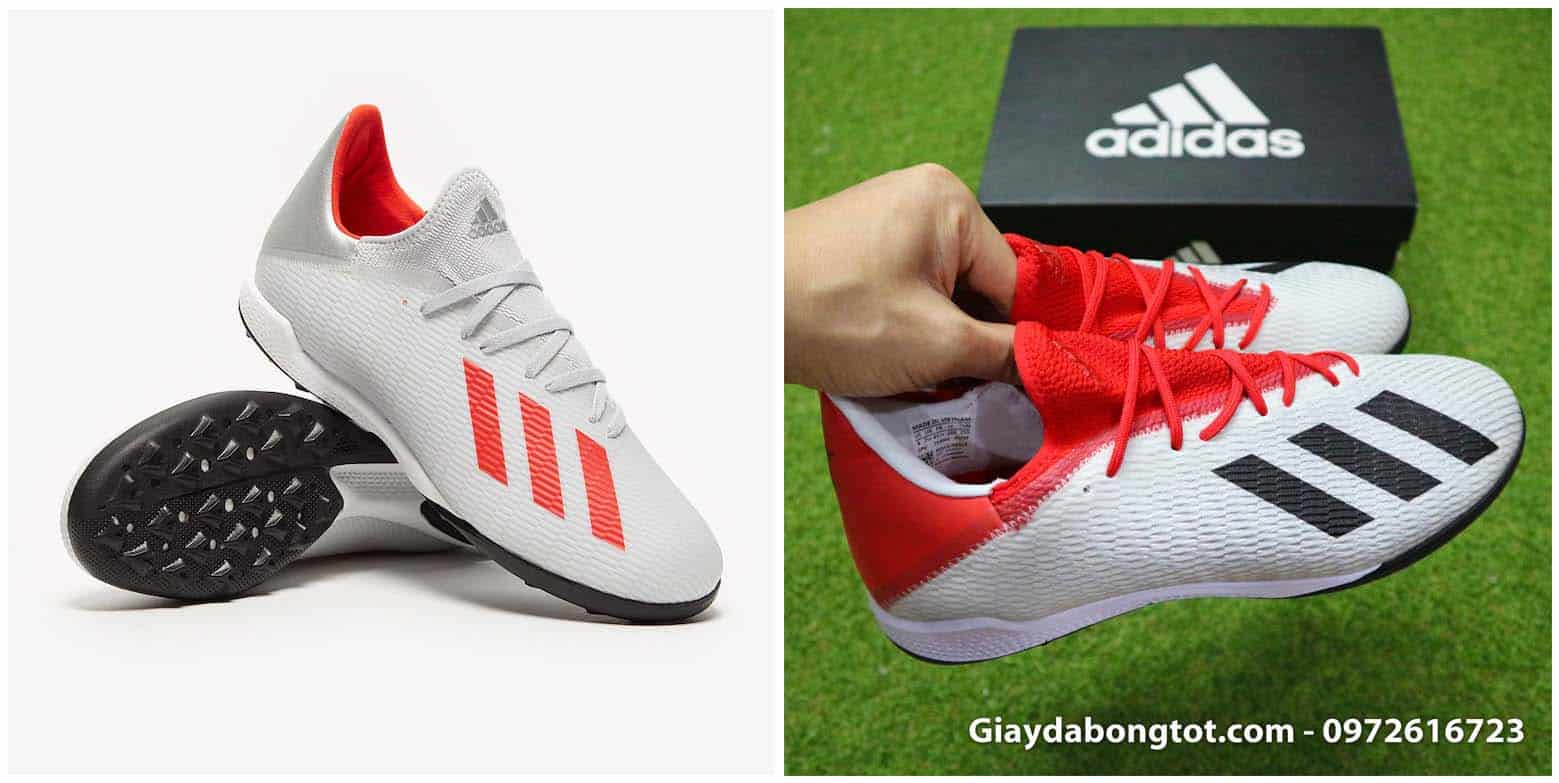 Giày sân cỏ nhân tạo Adidas X19.3 TF chính hãng (Xám cổ xám) và fake1 (Xám cổ đỏ) đều có da làm bằng vải