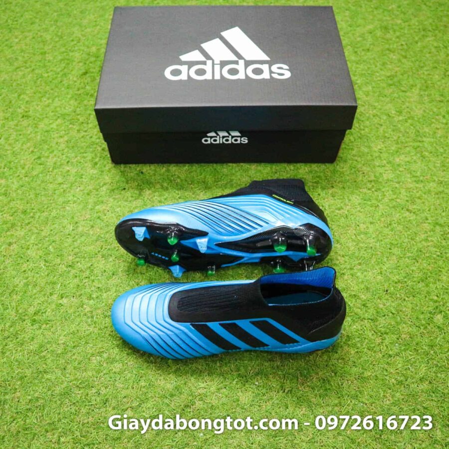 Giày đá bóng trẻ em không dây đinh cao Adidas Predator 19+ FG xanh nhạt đen