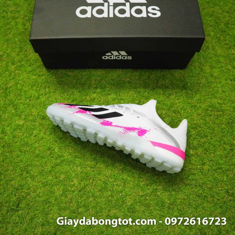 Form giày đẹp mắt của giày bóng đá sân cỏ nhân tạo Adidas X19.1 TF màu trắng hồng vạch đen