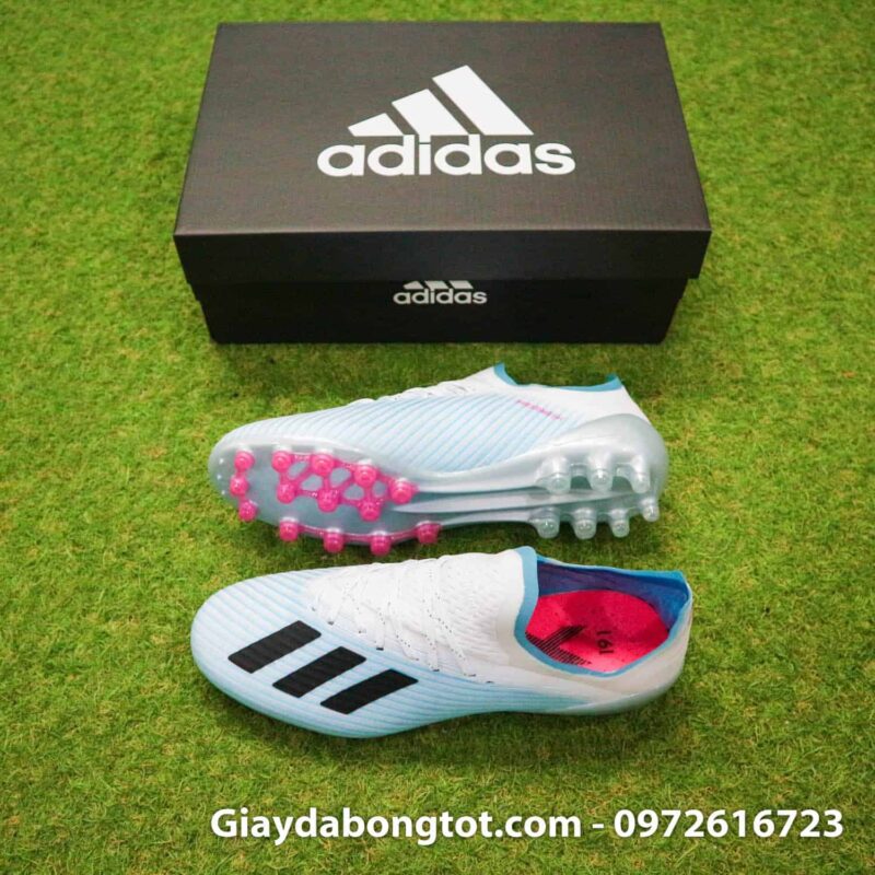 Giày đá bóng đinh AG Adidas X19.1 màu xanh nhạt trắng Văn Hậu