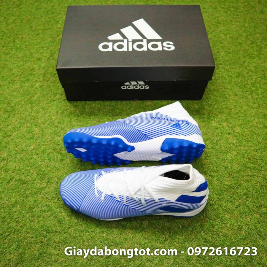 Giày đá banh sân cỏ nhân tạo cổ cao Adidas Nemeziz 19.3 TF trắng sọc xanh